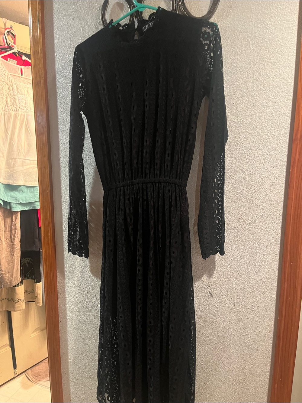POL Black Lace Long Sleeve Dress with Eyelet Detail